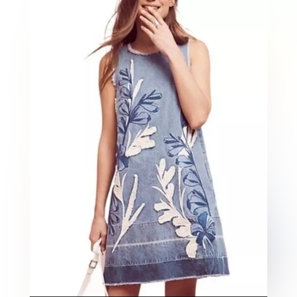 Holding Horses By Anthropologie Floral Denim Sleeveless Dress - Picture 2 of 6